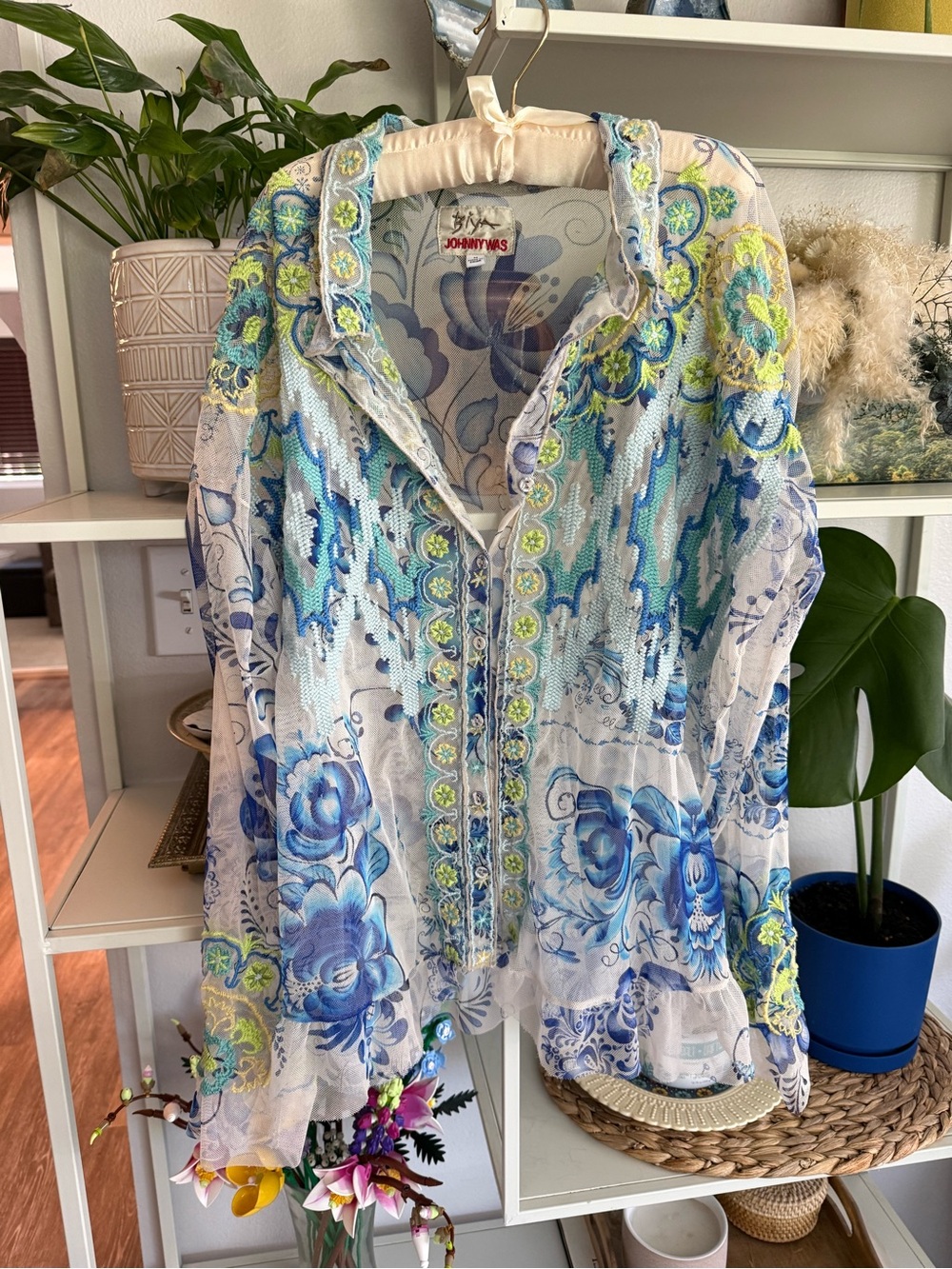 Johnny Was Blue & Green Floral Embroidered Sheer Blouse